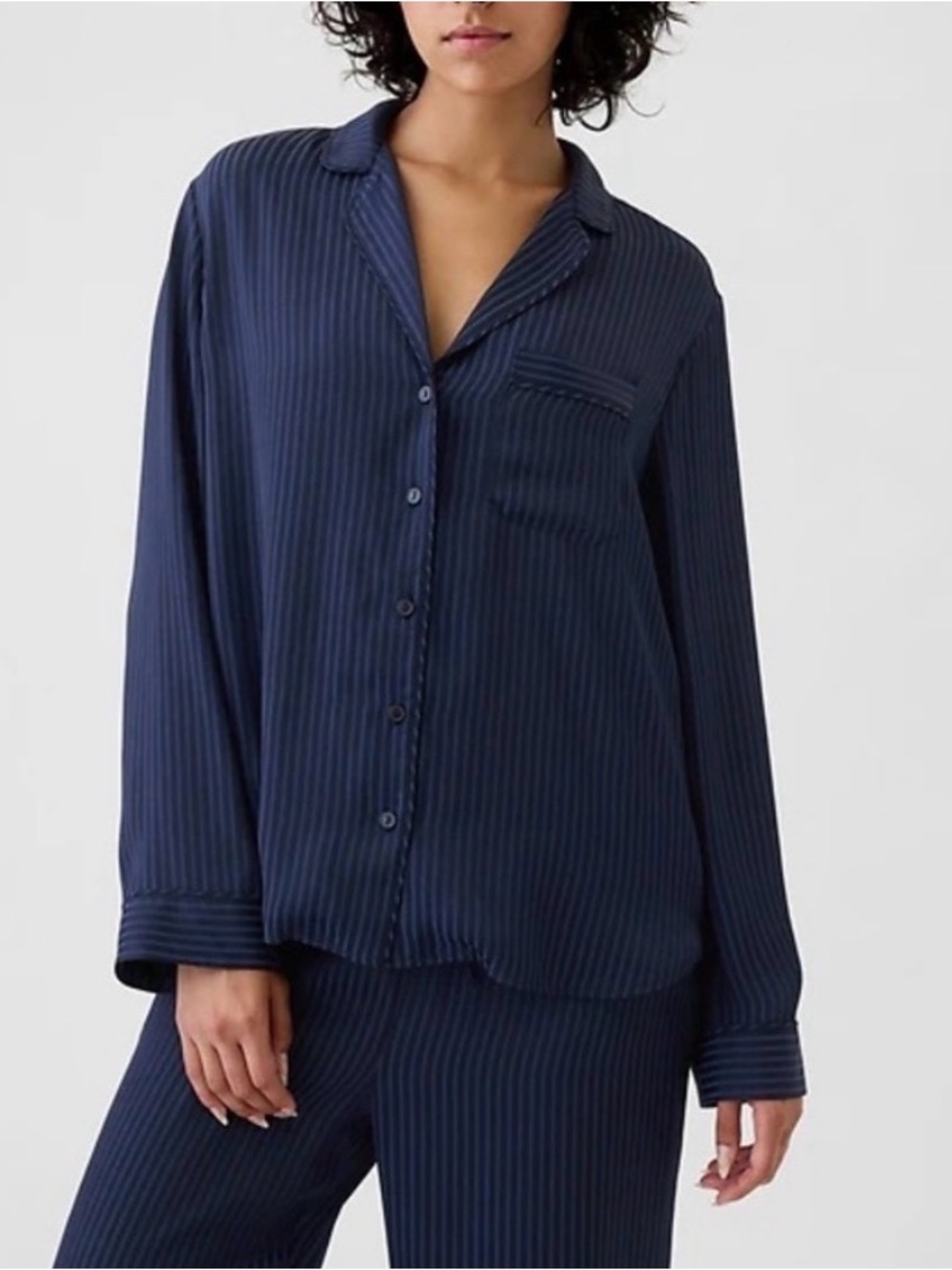 GAP Navy Pinstripe Satin Pajama Set Top